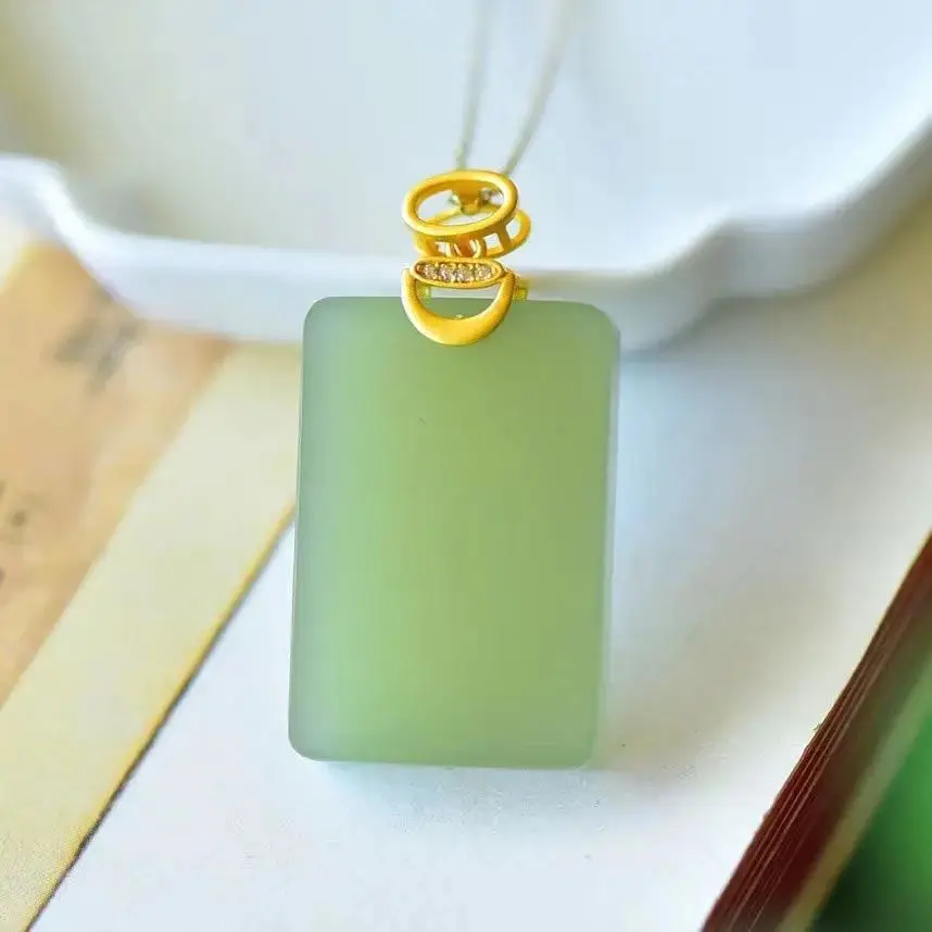 

S925 Pale Blue Hetian Jade Sterling Silver Necklace Tranquility and Peace Plate Long Board Jade Sweater Chain Pendant for