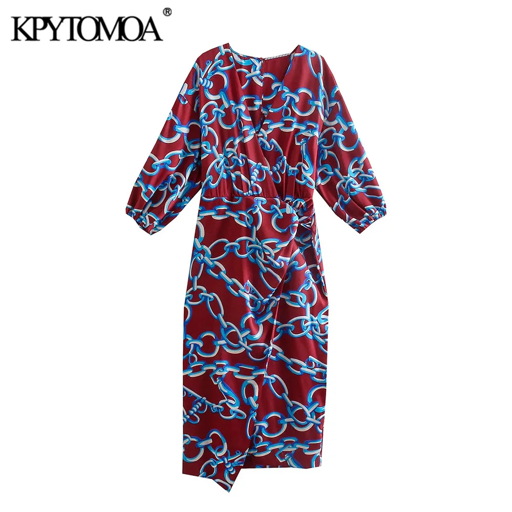 

KPYTOMOA Women 2021 Fashion With Knot Chain Print Midi Dress Vintage Three Quarter Sleeve Back Zipper Female Dresses Vestidos