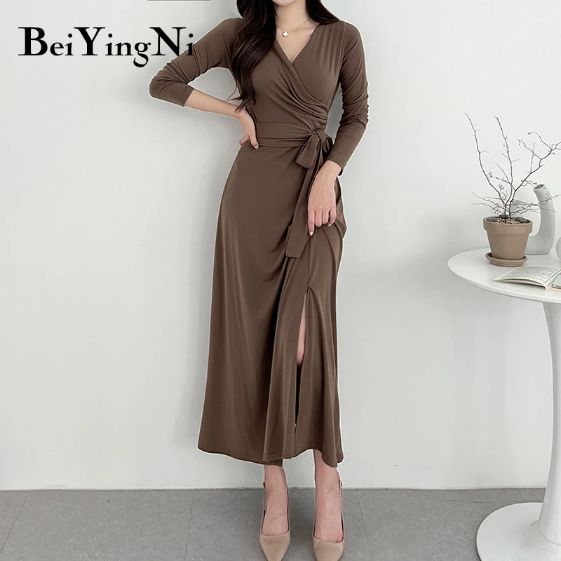 

Beiyingni Sexy Dresses for Womens V-neck Sashes Split Plain Long Sleeve Midi Dress Woman Elegant Korean Style Fashion Dresses