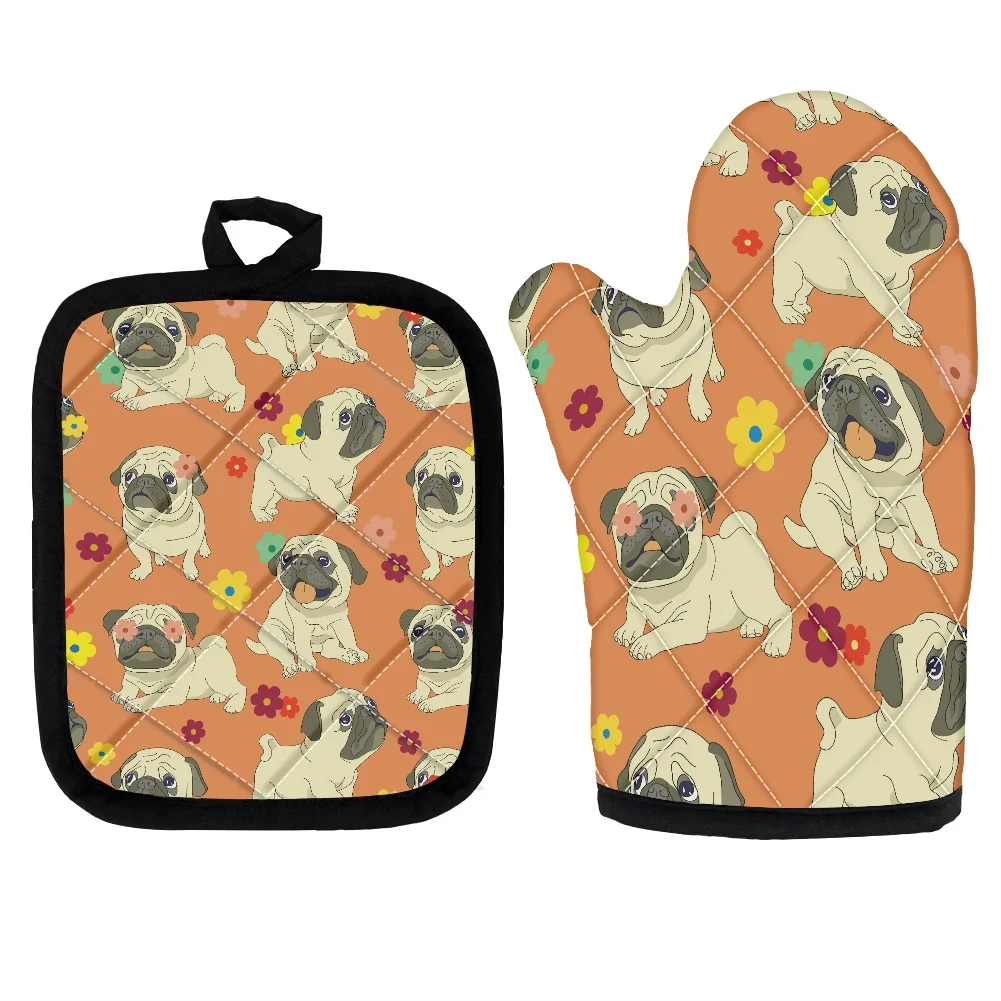 

Home Polyester Oven Mitten 2in1 Puppy Dog Print Heat Protector Gloves Women Kitchen Cooking Insulated Mat Baking Oven Glove Pad