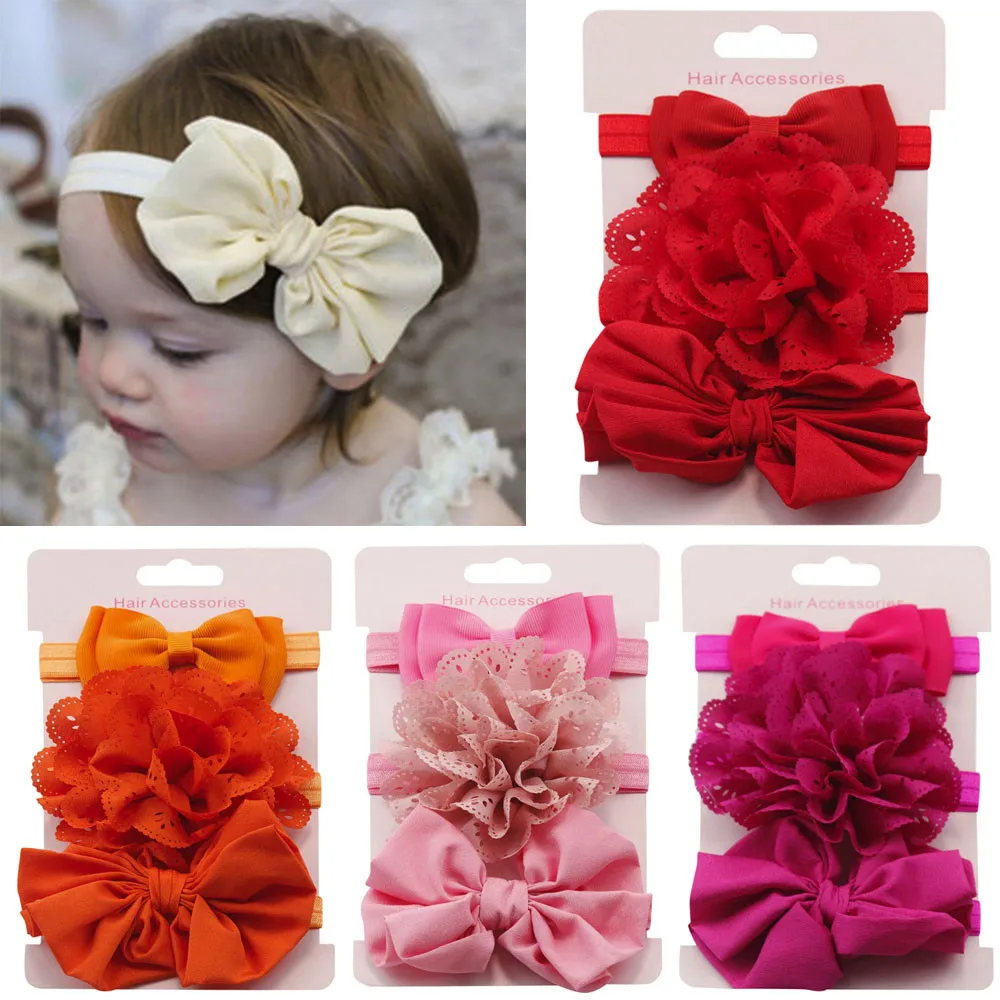 Cute 3pcs/lot Kids Elastic Floral Headband Girls Baby Kawaii Bowknot Solid Color for Infant Toddler Hair Turban Headwear Set