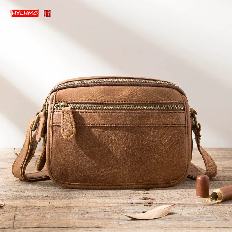 Genuine Leather Men Shoudler Messenger Bag Retro Casual Crossbody Bag Back Pack Korean Version Top Layer Leather Vintage Soft