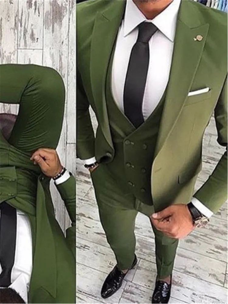 Последние конструкции пальто брюки зеленый мужской костюм Slim Fit 3 предмета