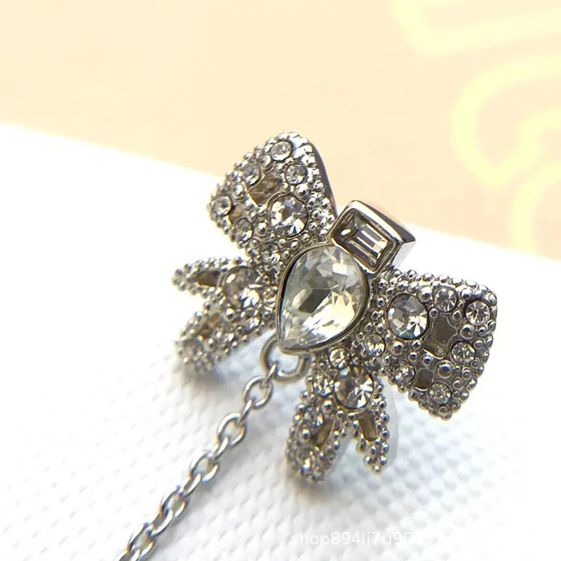 

Luxury Brand 925 Sterling Silver Crystal Bowknot Pearl tassel Stud Earrings for Women Lady elegant crystal Eardrop Jewelry Gift