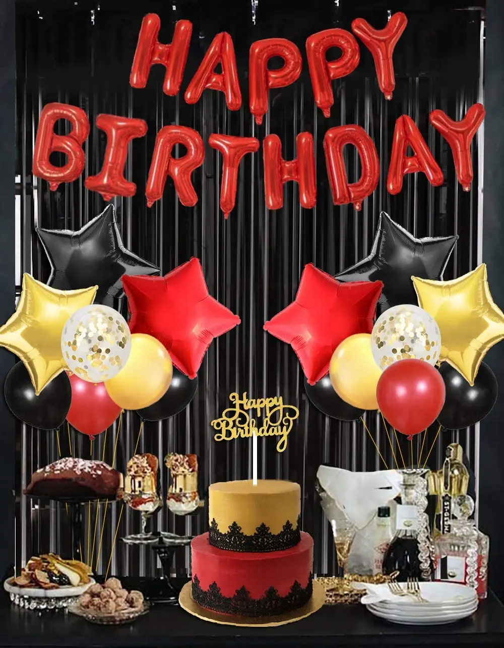 

Red Black and Gold Birthday Decoration for Women Men Happy Birthday Balloon Banner Cake Topper Star Foil Balloons Fringe Curtain