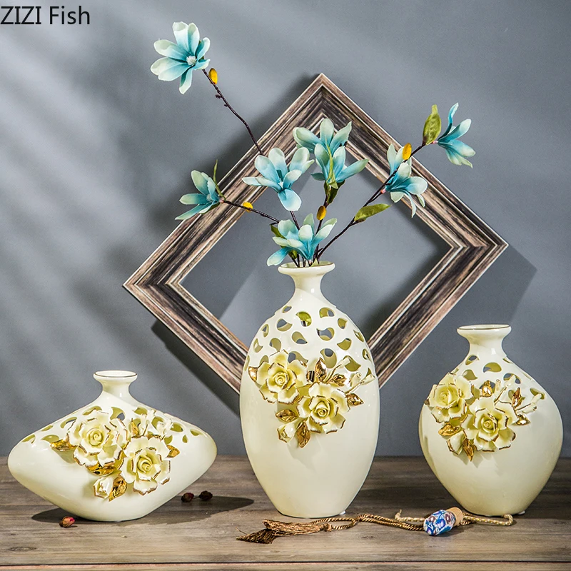 

CREATIVE HOLLOW CERAMIC VASES GOLDEN EMBOSSED PATTERN VASE HOME DECOR DRIED FLOWERS FLORAL ARRANGEMENT DECORATIVE ORNAMENTS
