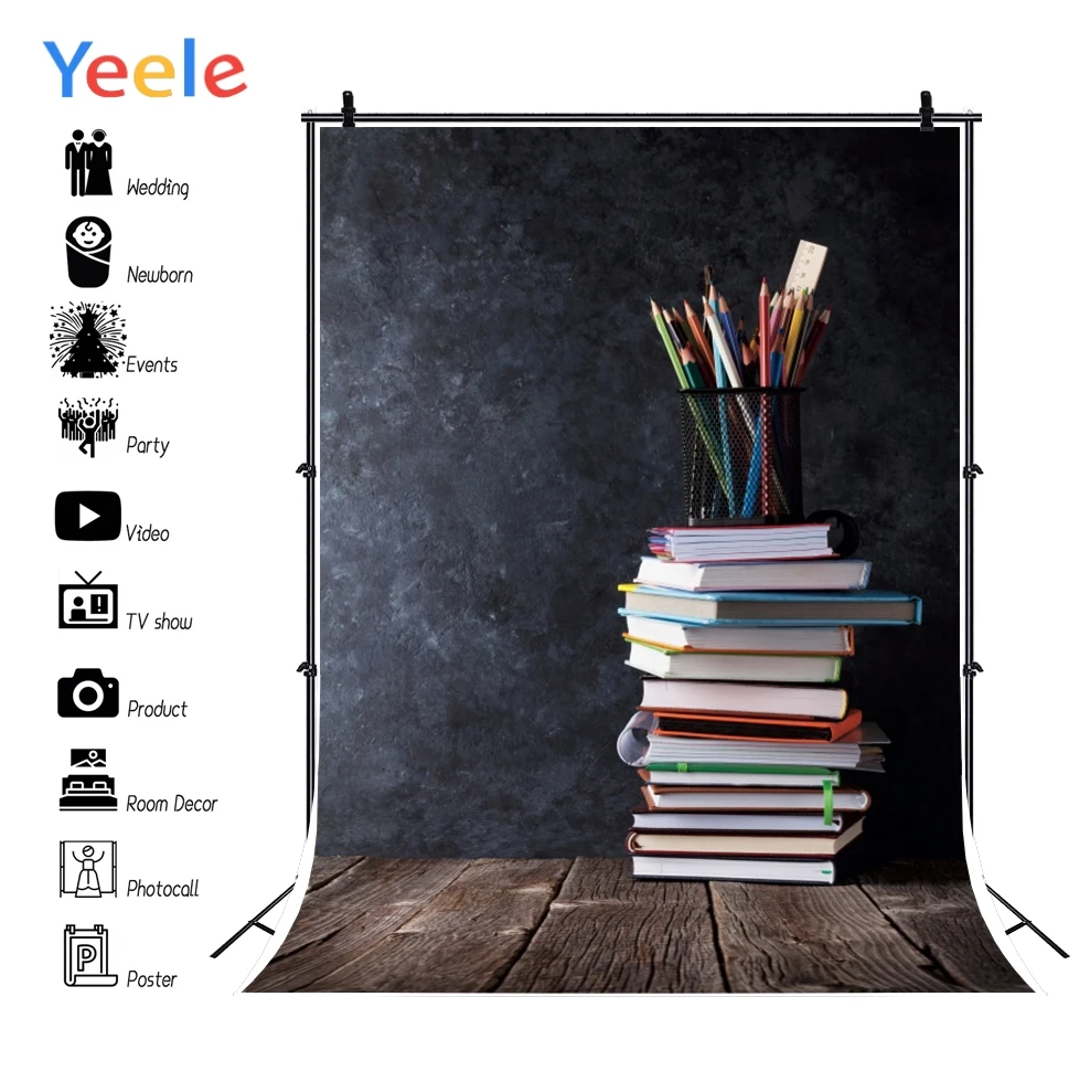 

Dark Cement Wall Wooden Floor Book Pencil Student Portrait Photo Background Back To School Baby Photo Backdrop For Photo Studio