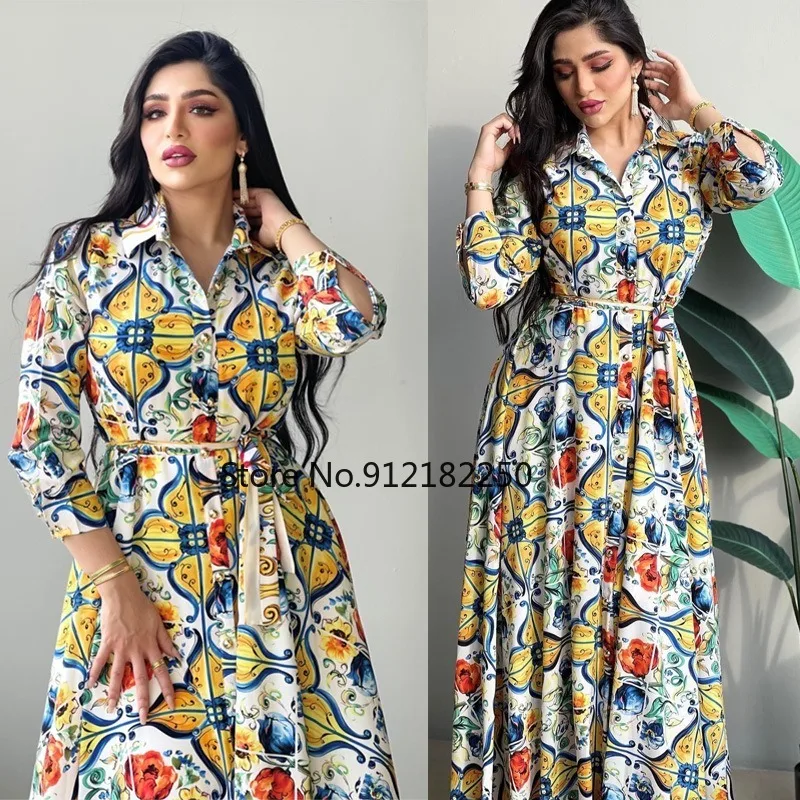 

Flowers Printed Maxi Dress Abaya Muslim Women Ethnic Button Down Belted Shirt Dresses A-Line Kaftan Vestido Dubai Islam Clothes