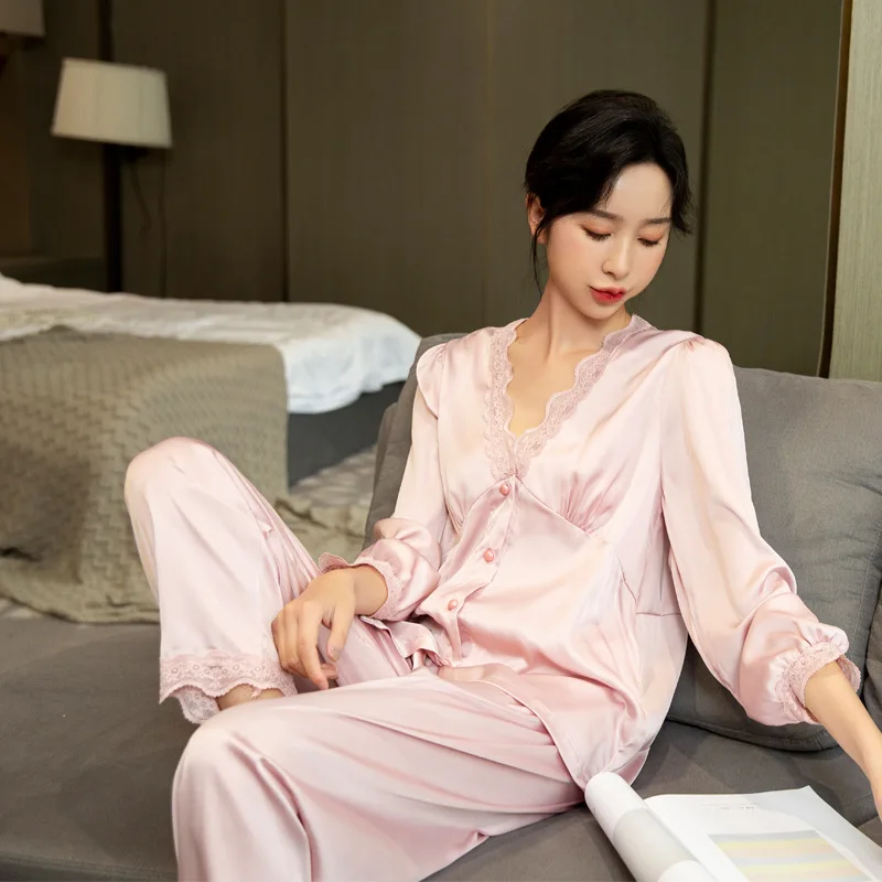 

Women Pajamas Lounge Wear Satin Sleepwear Lace Shirt&Pants Casual Nightwear Soft Intimate Lingerie 2021 New Pyjamas Homewear