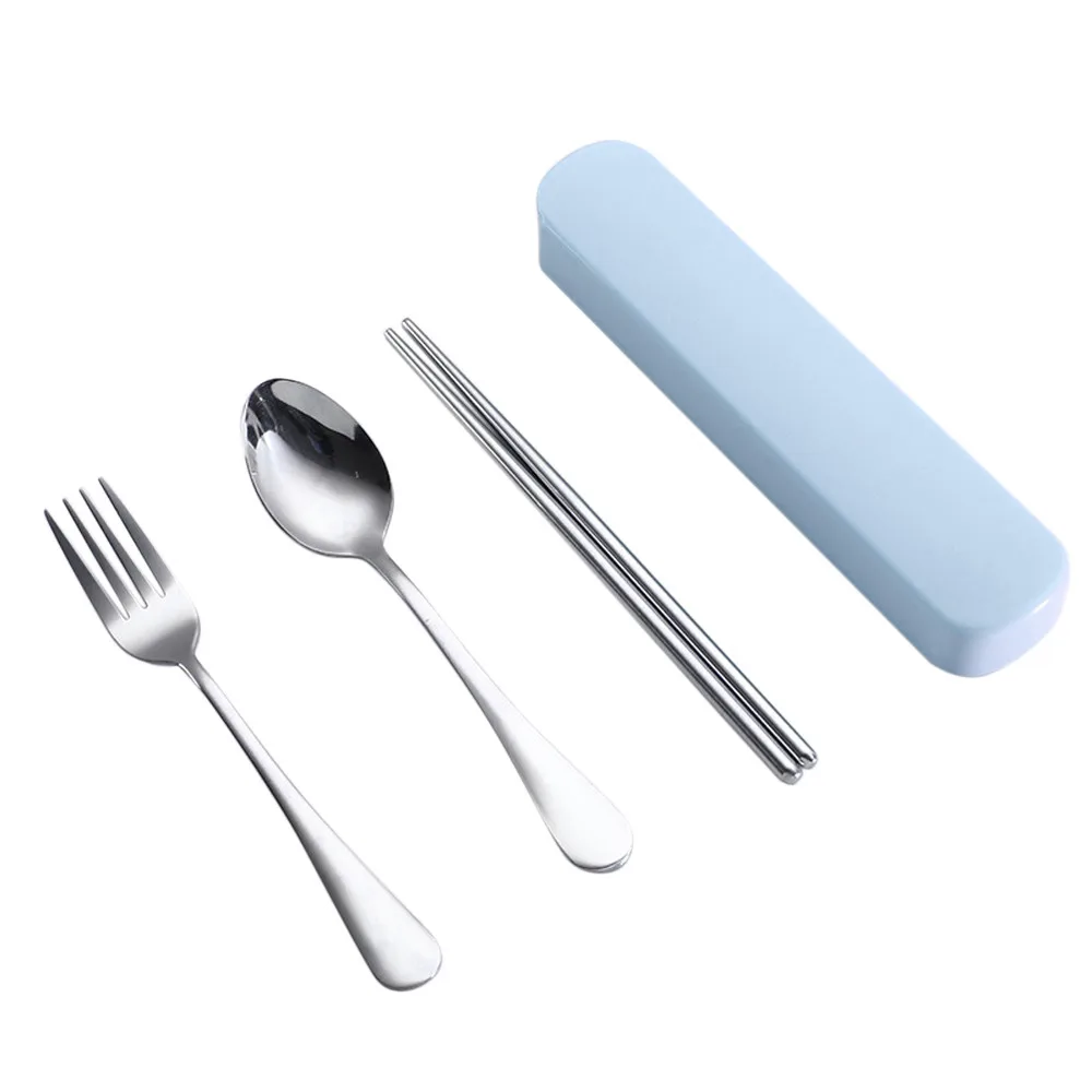 Blue 3 pcs 4 шт многоразовые столовые приборы комплект переносной посуды палочки вилка ложка набор столовых приборов Кемпинг путешествия набор серебряных изделий - Цвет: Blue 3 pcs