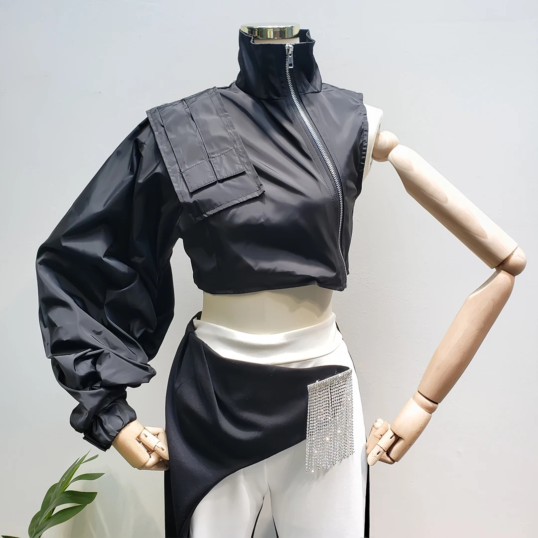 

Windbreaker Short Jackets Functional Wind Asymmetric Lantern Sleeve Single Sleeve Asymmetric Zipper Loose Ultra Short Coat