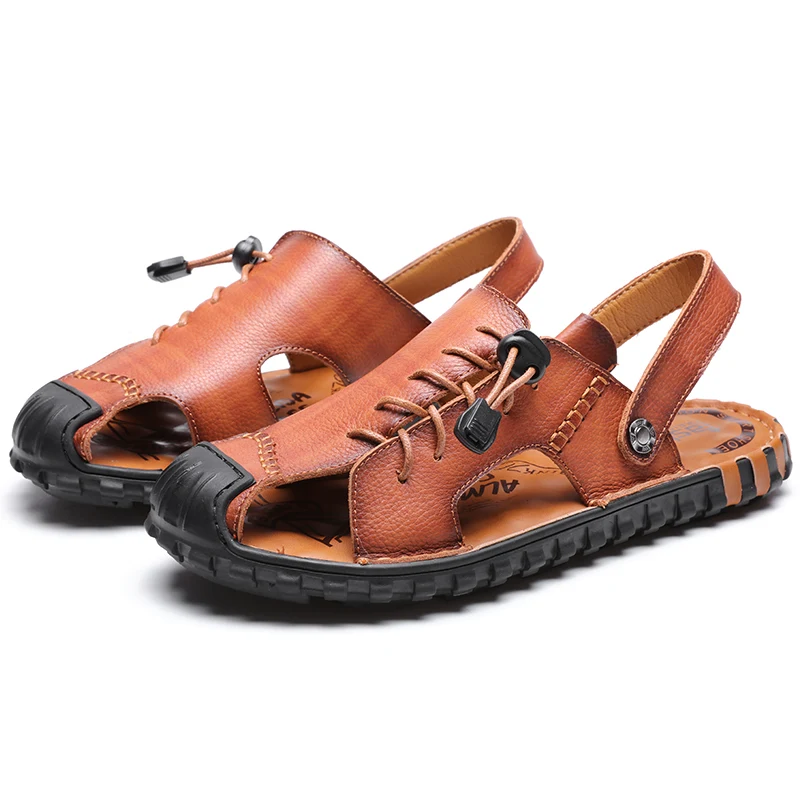 Шлепанцы мужские кожаные Классические сандалии в римском стиле пляжные тапочки