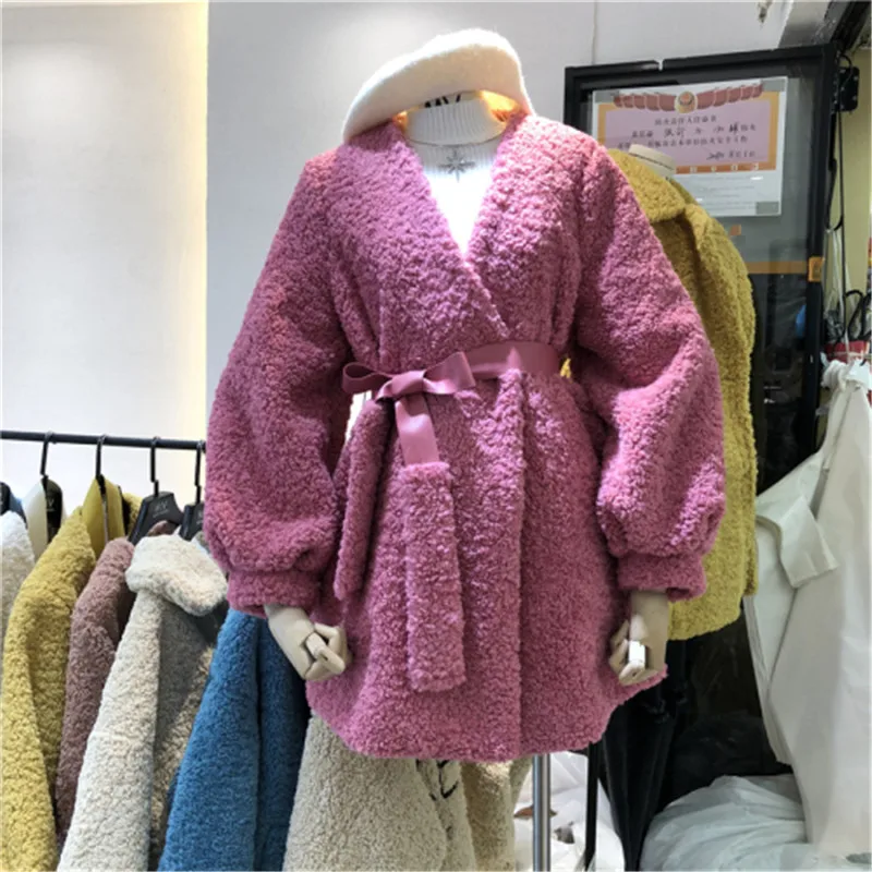 Корейское модное тонкое шерстяное пальто с поясом женское элегантное v образным