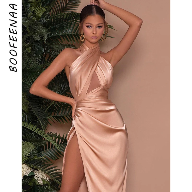 

BOOFEENAA Satin Wedding Dresses for Women 2022 Party Club Sexy Elegant Evening Cross Halter Backless Split Midi Dress C76-DI33