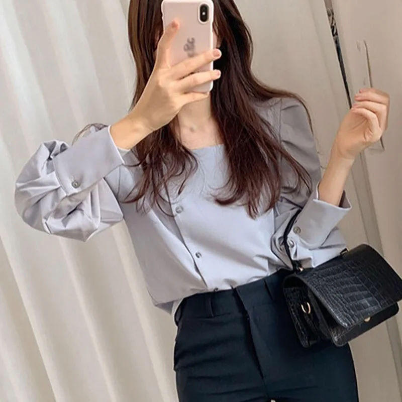 

Gentle And Elegant Square Collar Leaking Clavicle Single Breasted Temperament All-match Lantern Sleeve Ladies Shirt Hot