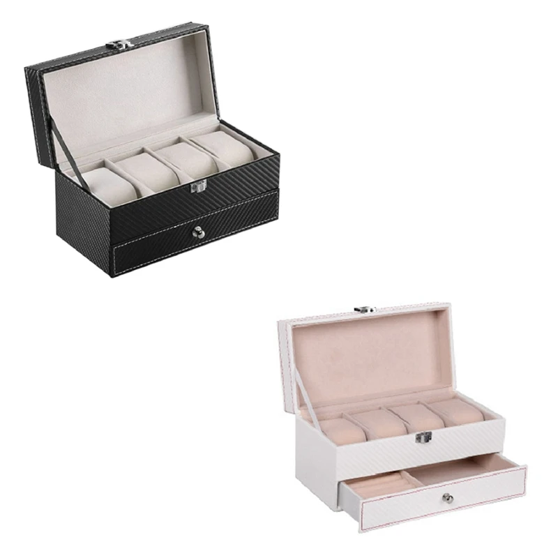 

2 Pcs Couple 4 Grid Watch Box Watch Box Double Jewelry Display Storage Box Shelf Storage Display Box,White & Black-Beige