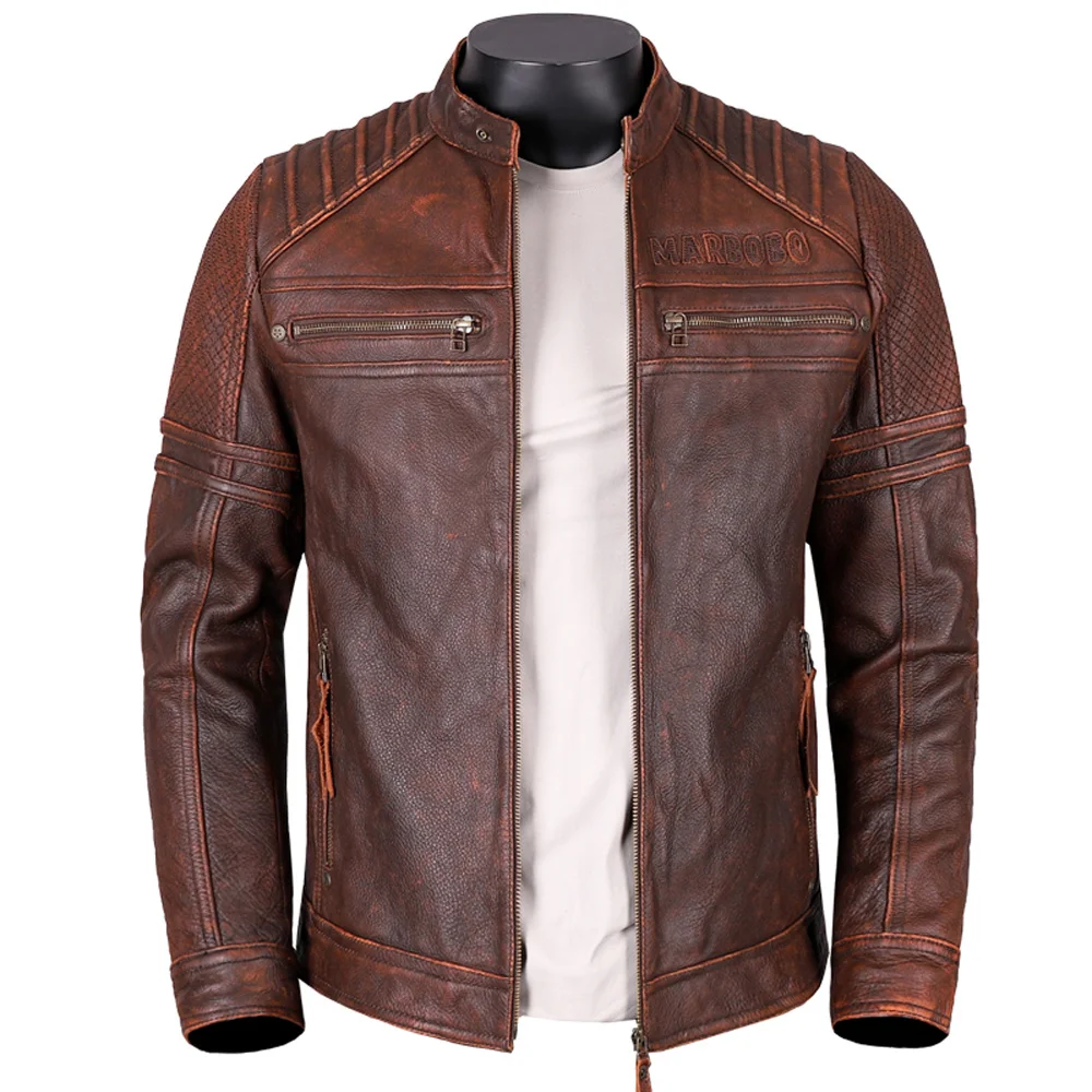 

Personality Retro Distressed Men's Cowhide Jacket Winter High Street Man Coats Embroidery Vintage Motorcycle Overcoats Slim Fit