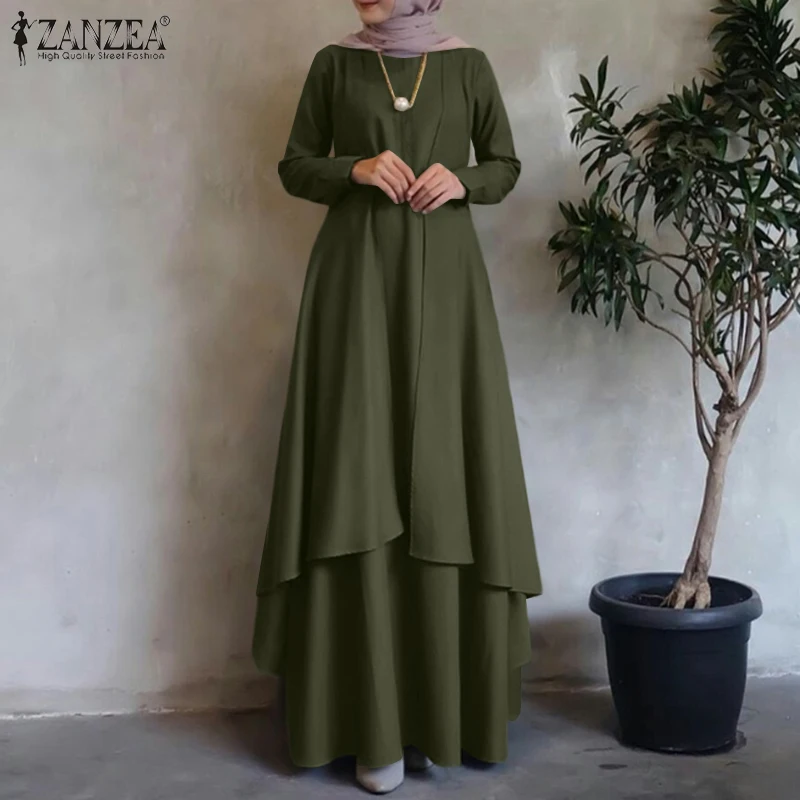 ZANZEA Women Long Sleeve Muslim Kaftan Maxi Dresses Irregular Hem Loose Long Dress Dubai Turkey Abaya Hijab Sundress Oversized