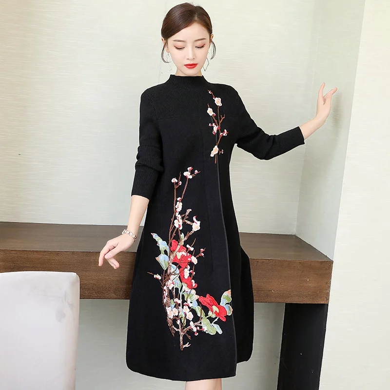 2019 зимнее современное китайское Ципао женское вязаное платье Осень Цветочная