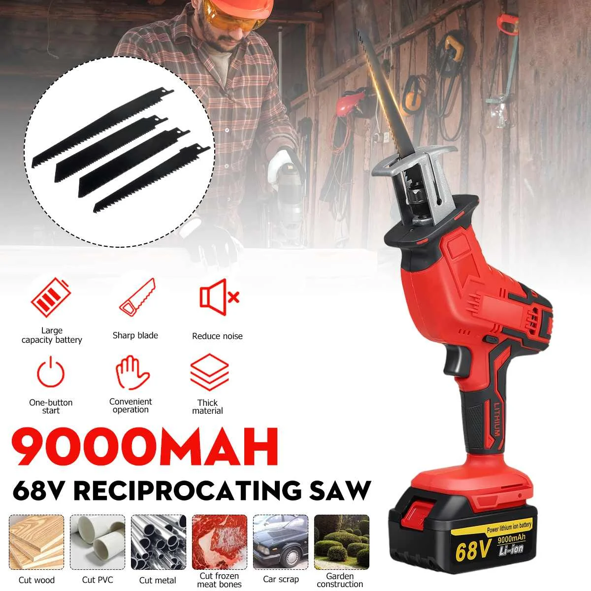 

68V 9000mAh Cordless Reciprocating Saw Wood/Metal Cutting Saw Saber Saw Portable Electric Saw Power Tool US Plug with EU Adapter