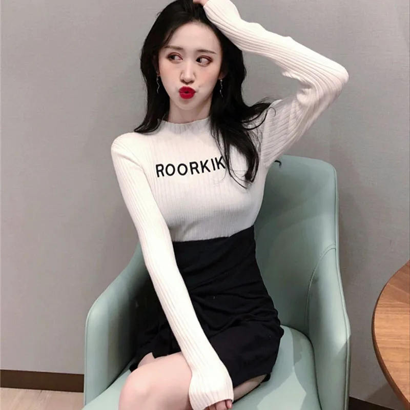 Вязаный свитер весна-осень женский новинка базовый эластичный с высоким