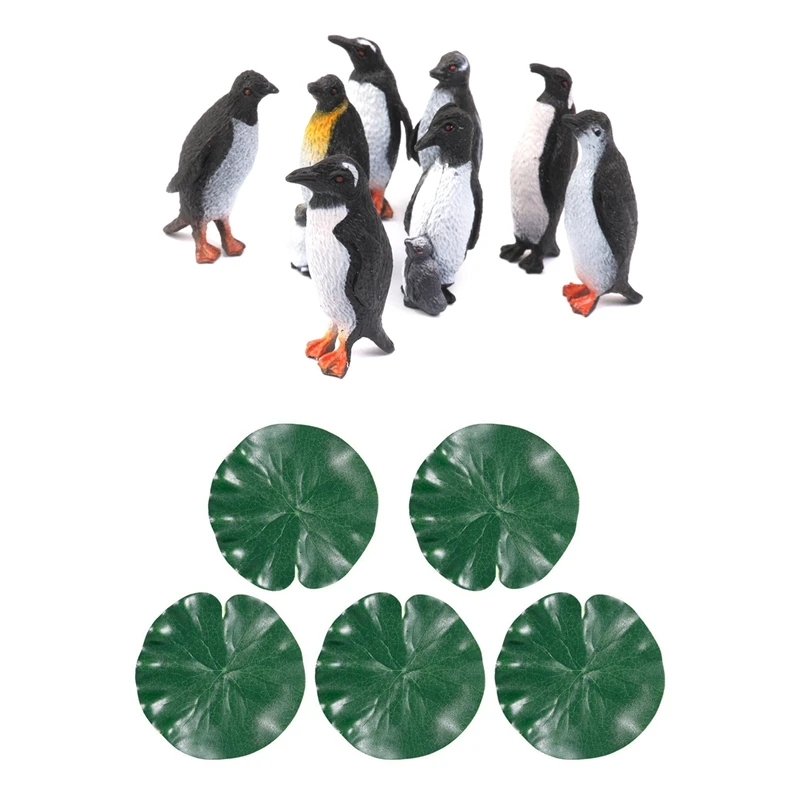 

13 шт. украшения: 8 шт., модель игрушечного пингвина для океана, подарок, черный + белый и 5 шт., аквариум, Зеленый Лотос, лист, плавающий D