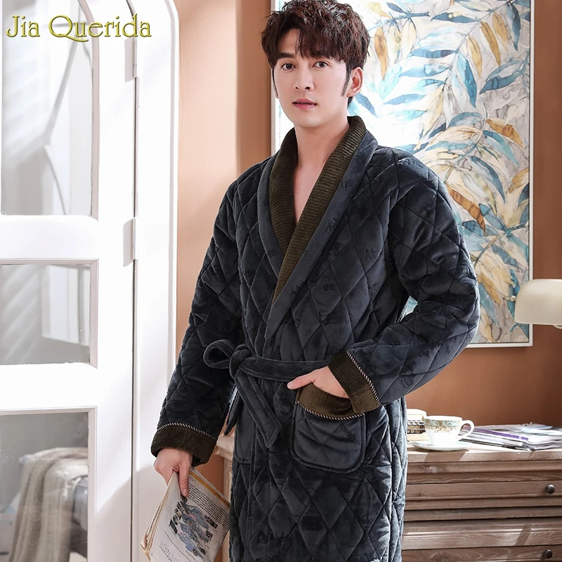 Mens Bath Robes Long Winter Thick Cozy Housecoat Luxury Velvet Kimono 3 Layer Padded Thick Warm Dress Gown Winter Bathrobe Male
