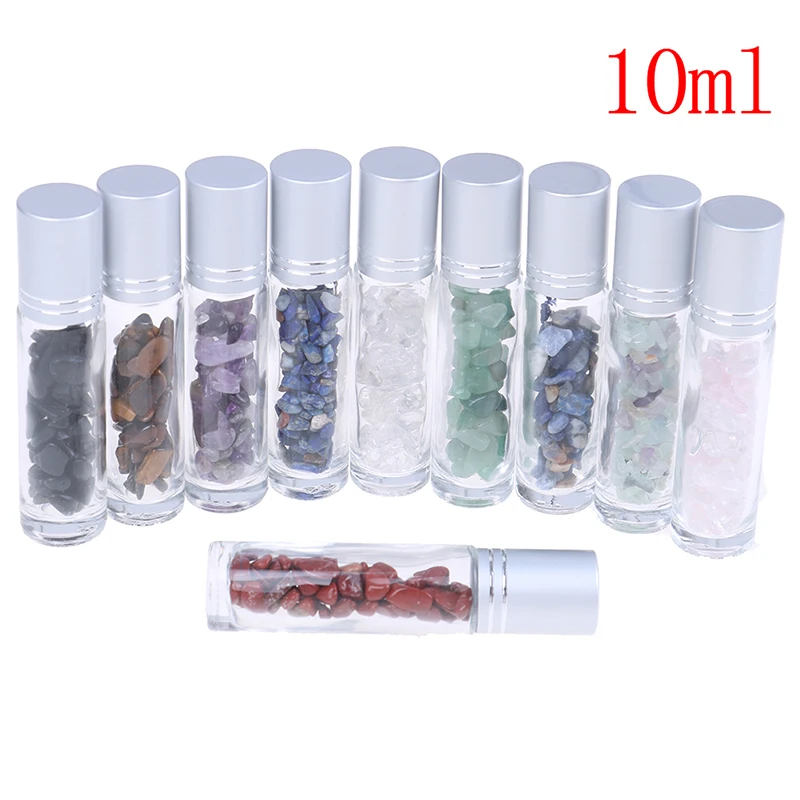 

10ml Natural Stones Essential Oil Gemstone Roller Ball Bottles Transparent Glass Healing Crystal Chips Inside