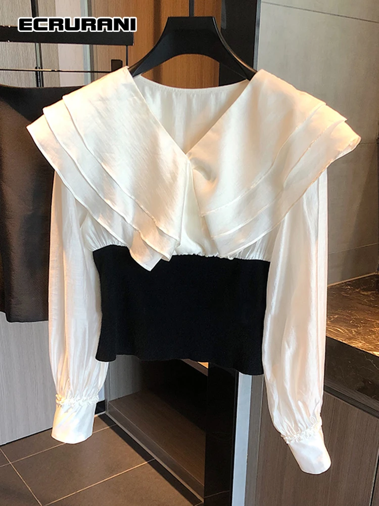

ECRURANI Casual Two Tone Fake Two Shirt For Women V Neck Long Sleeve Fold Pleated Loose Fashion Blouse Female Autumn 2021 New