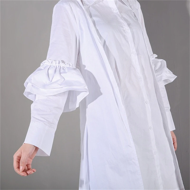 

New Summer And Autumn Turn-down Collar Flare Sleeves Ruffles Pleated Patchwork Shirt Dress Female WF3260XL Cotton