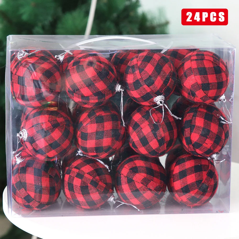 

6/24pcs Christams Plaid Fabric Ball Decorative Plaid Ball Xmas Tree Hanging Ornament Christams Decoration 2021 Home Supplies