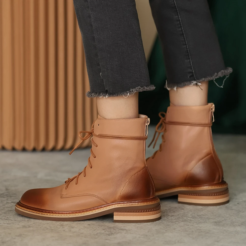 

Karinluna Fashion Plus Size 42 Cow Leather Square Heels Round Toe Sewing Boots Autumn Comfy Office Lady Women Shoes