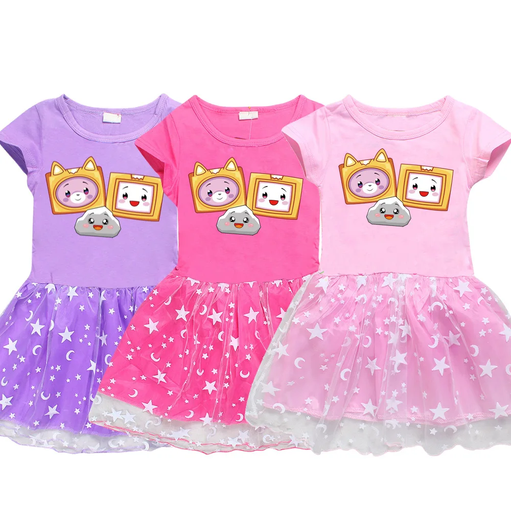 

Lankybox Cartoon Fashion Girls Cotton Printing Dress Teenage Girls Summer Rainbow Dresses Elegant Kids Party Wearing Dress