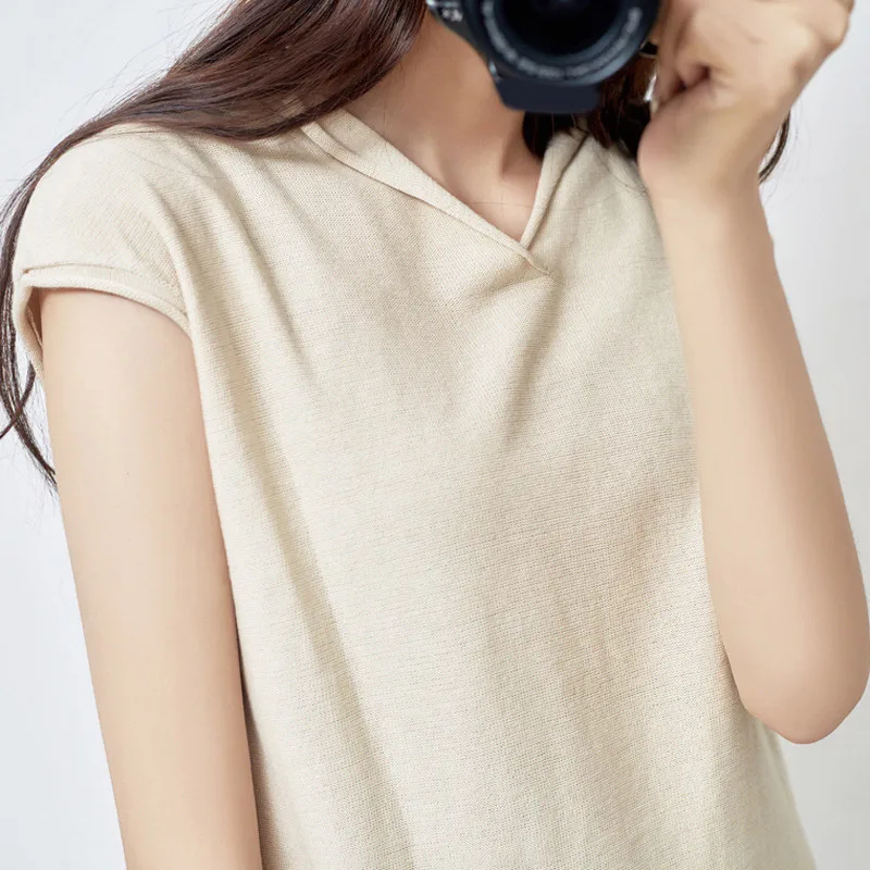 Футболка женская однотонная с V-образным вырезом Повседневная Свободная рубашка