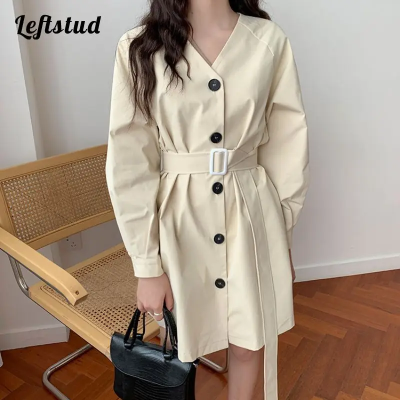

Single-breasted mini dress female 2022 spring new style Korean fashion high-waist lace-up long-sleeved casual short dress