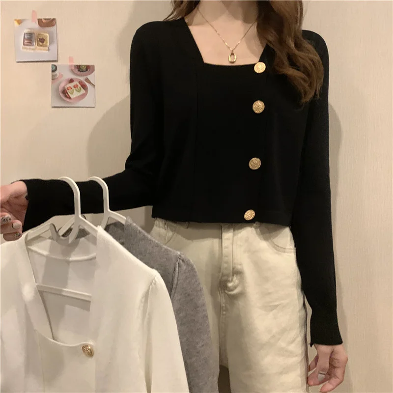 

Женский короткий кардиган с квадратным вырезом, тонкий универсальный свитер для ранней осени, 2021