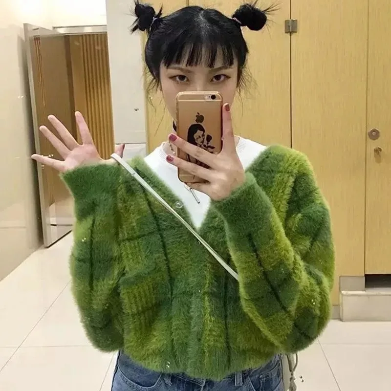 Sweaters Fashion Girls Sweater Women Winter Avocado Knit Knitted Cardigans Plaid Cotton |