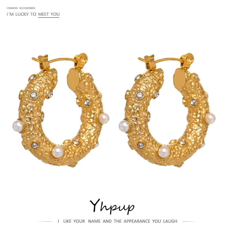 

Yhpup Stainless Steel Golden Round Hoop Earrings Jewelry Fashion Casting Metal Zircon Huggie Earrings Party серьги тренд Gift