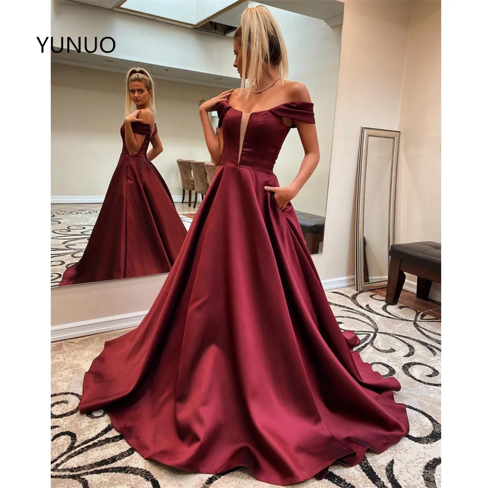 

YUNUO Off Shoulder Satin Prom Evening Dresses Vestidos De Fiesta Largos Elegantes De Gala A-line Party Gowns With Pockets