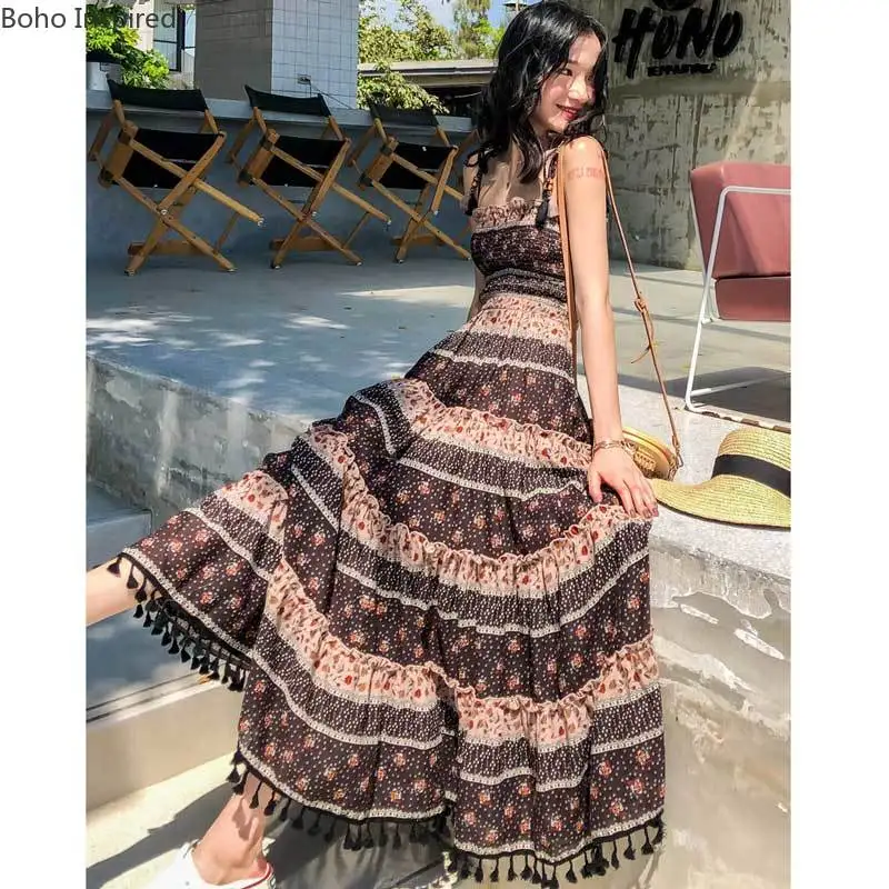 Богемный Вдохновленный хлопок цветочный принт длинное платье Бохо эластичные