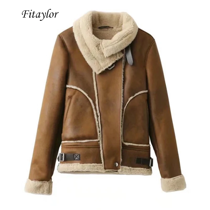 Fitaylor женская зимняя куртка из искусственной кожи и замши пальто меха ягненка
