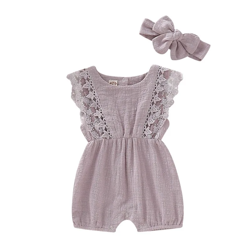 

Summer Newborn Baby Girl Romper Set Infant Solid Color Sleeveless Lace Rompers Jumpsuit With Headband Toddler Girls Outfits Set
