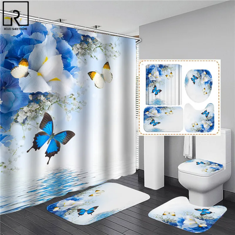 elegant butterfly flower rose print shower curtain woman bathroom decoration blue pink bath mat set toilet lid cover wc supplies free global shipping