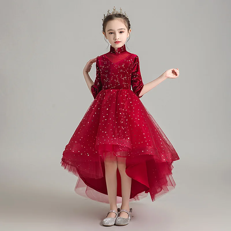 Осенне-зимнее детское вечернее платье принцессы с цветами для девочек из