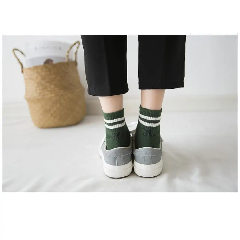 Winter Cotton Striped Ankle Socks For Women 5 Pairs/ Lot Letters Smile Embroidery Crew Socks