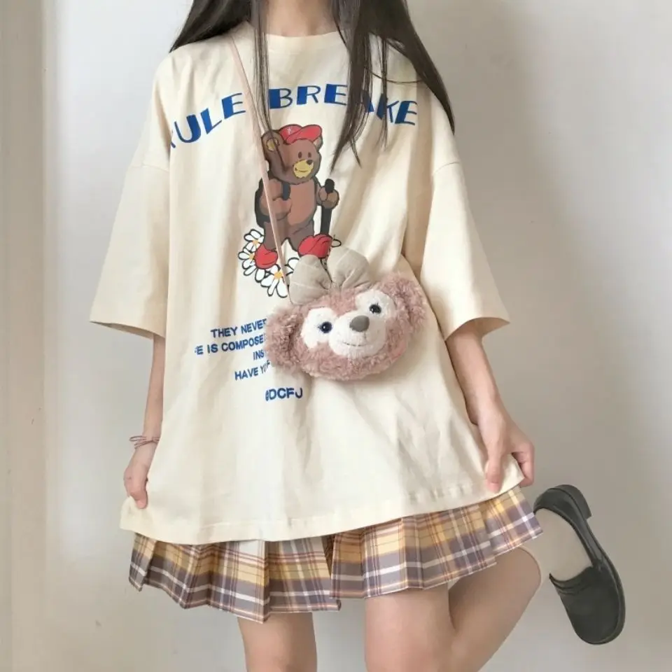 

Japanese Sweet Girl Little Bear Print T-Shirt Women O Neck Cartoon TShirt Female Kawaii Tops Tee Short Sleeve Hip Hop Clothes