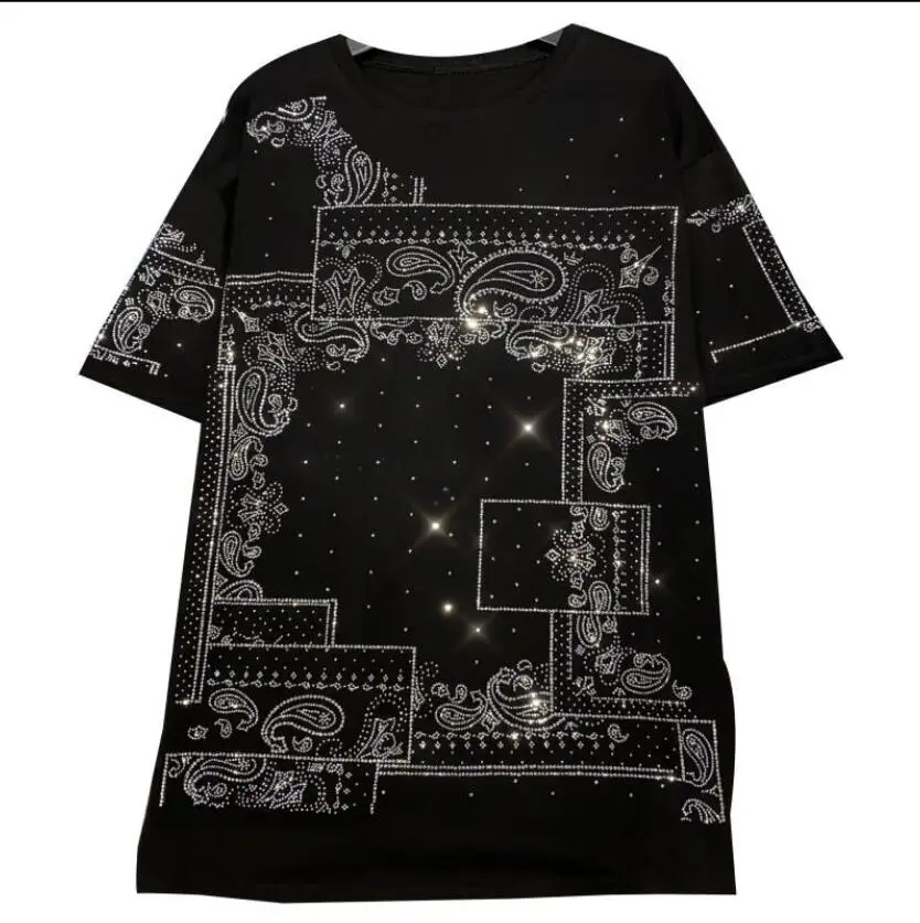 Streetwear Shiny T-shirt 2020 Summer Women Cool Rhinestone Hot Drilling Loose Short-Sleeved Short Sleeve Female Long Tee | Женская