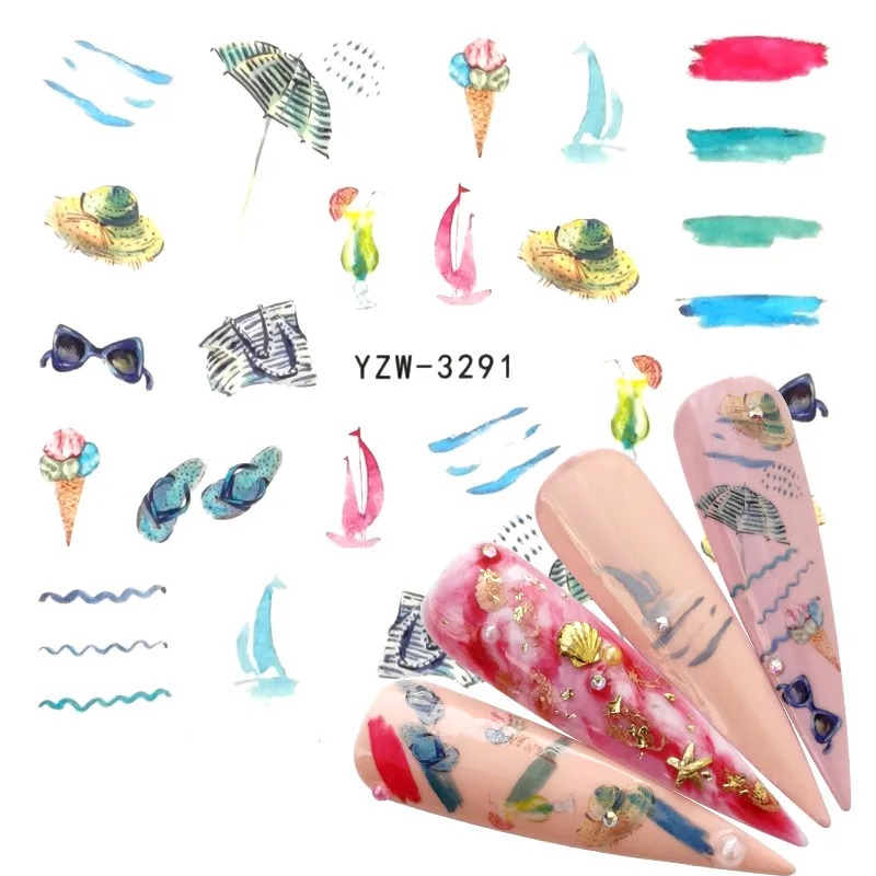 

2022 New Arrival Sunmer 1 PC Nail Art Flower/Beach Water Design Tattoos Nail Sticker Decals for Beauty Manicure Tools