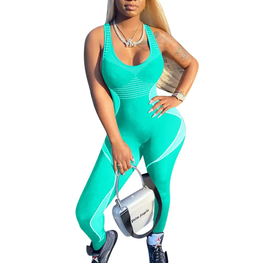 Adogirl Women Sleeveless Tank Bodysuit Color Patchwork Bodycon Jumpsuit Romper Casual Fitness Sporty Playsuit Onesies Overall