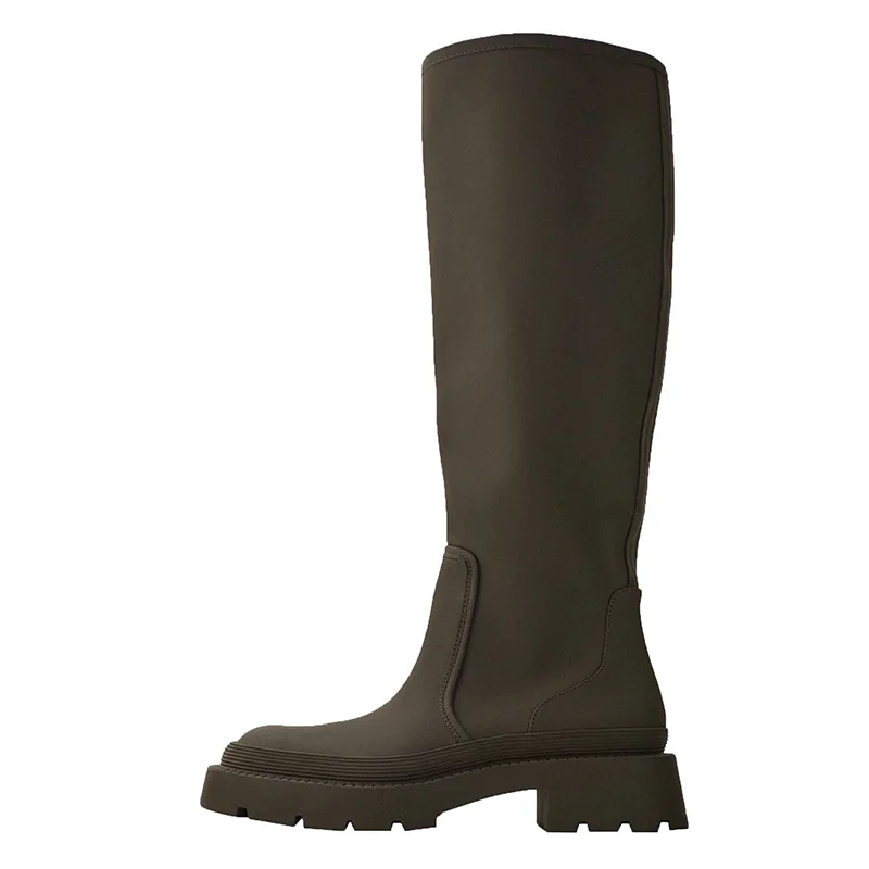 

New round toe platform women knee boots slip on casual chunky heel women long boots 2021
